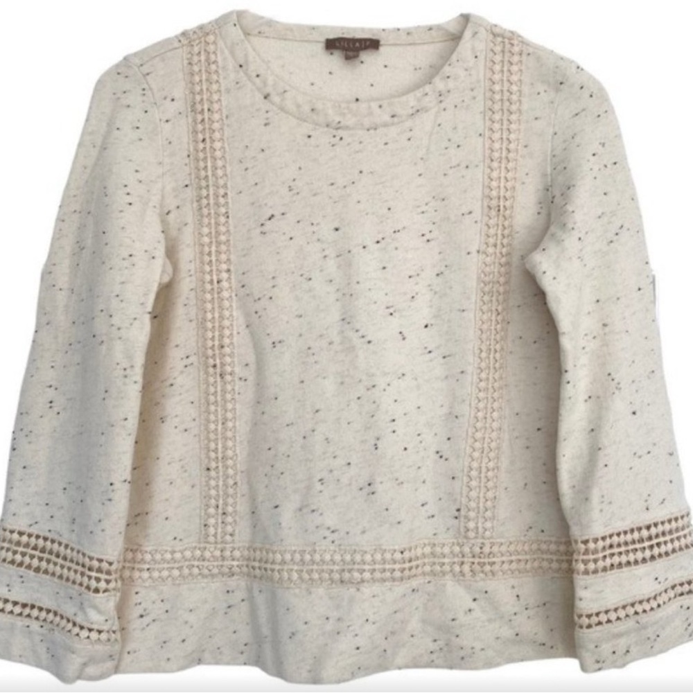 Lilla P Beige Speckled Crochet Trimmed Knit Top Sweatshirt Sweater S